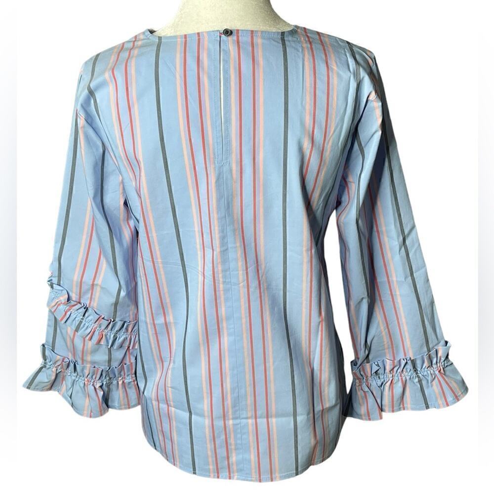 Halogen Striped Ruffled Blouse Bell Sleeves Cotton Size Small - Picture 7 of 14